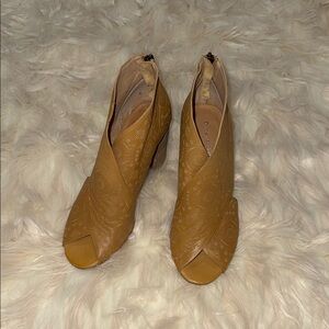 Tan Ankle Booties with V-Cut Design and Medium Heel